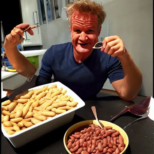 Prompt: Gordon Ramsey eating beans while children make fun of him