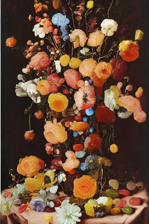 Image similar to still life of a bouquet of flowers made of gummy bears and jelly beans, rubbery translucent sweets, highly detailed, close up, Northern Renaissance