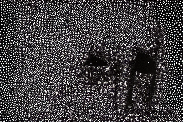 Image similar to face made out of planet, faceless people dark, dots, drip, stipple, pointillism, technical, abstract, minimal, style of francis bacon, asymmetry, pulled apart, cloak, hooded figure, made of dots, abstract, balaclava