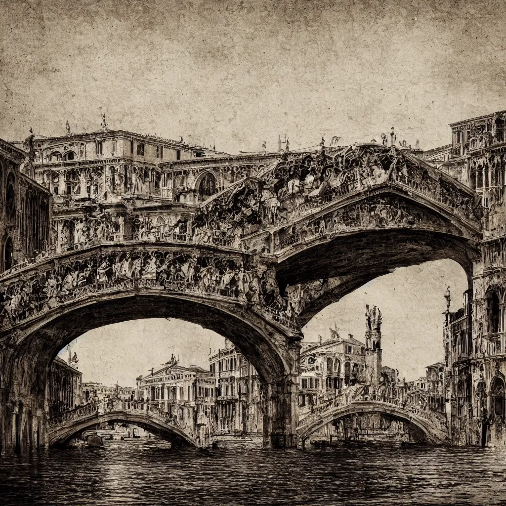 Image similar to oniric dream of the bridges of venice by piranesi, historic, ancient venice, composition, cinematic, rule, grid