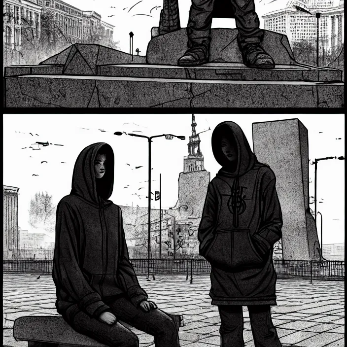 Image similar to storyboard : sadie sink in hoodie sits on bench in ruined square, pedestrians walk by, soviet monument and propaganda posters. scifi cyberpunk. by gabriel hardman. cinematic atmosphere, detailed and intricate, perfect anatomy