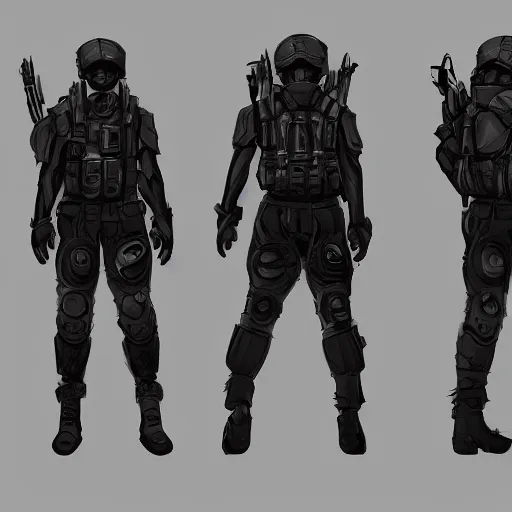 Prompt: ryan church jon mccoy concept art sketch cyberpunk solider black cloth character reference sheet