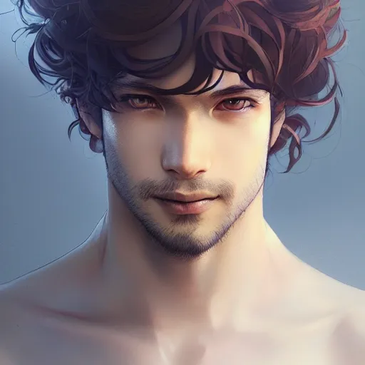 Image similar to Portrait of man with Tousled Curls type hair and Indonesian-type skin, atmospheric lighting, intricate detail, cgsociety, ambient light, dynamic lighting, anime style by Yusuke Kozaki