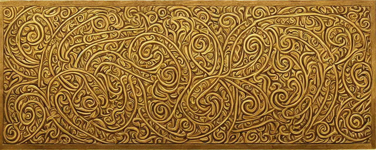 Prompt: ornate engraved carving of infinity symbols on a gold panel