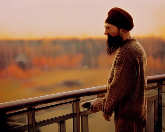 Image similar to award - winning lomographic tarkovsky film still of 4 0 years russian man with beard and sweater standing on small hrushevka 9 th floor balcony in taiga looking at sunset, cinestill, bokeh