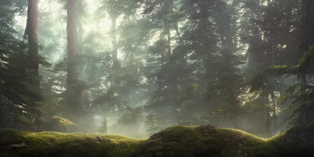 Image similar to a forest, highly detailed oil painting, hyperrealism, volumetric lighting, Studio Ghibli, Jessica Rossier, digital art, octane render, beautiful composition, trending on artstation, masterpiece