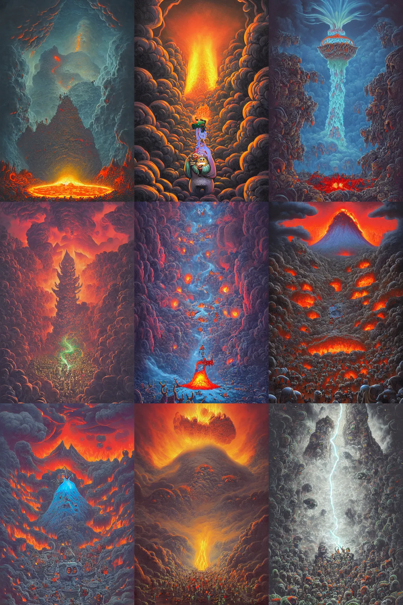 Prompt: a hoard of strange gnome like people struggling and grabbing for a very large pizza in front of a volcano spewing lava and black smoke, from below, streams of glowing hot lava, flashes of lightning in the distance, wide shot, long shot, an ultrafine detailed painting by joe fenton, deviantart, pop surrealism, whimsical