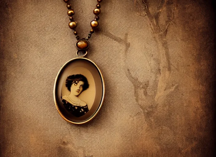 Prompt: old retro burnt out sepia photograph with scratches of a branch with a hanging golden necklace with a hanging tiny slim open oval rusty golden locket pendant with a retro photo of an elegant and aesthetic woman royalty portrait. with trees visible in the background with bokeh. Antique. High quality 8k. Intricate. Sony a7r iv 35mm. Award winning