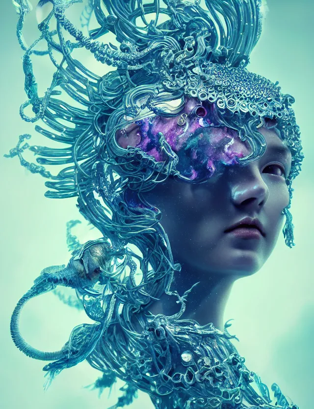 Image similar to goddess macro close - up portrait in crown made of ram skull. betta fish, jellyfish phoenix, bioluminiscent, plasma, ice, water, wind, creature, super intricate ornaments artwork by tooth wu and wlop and beeple and greg rutkowski