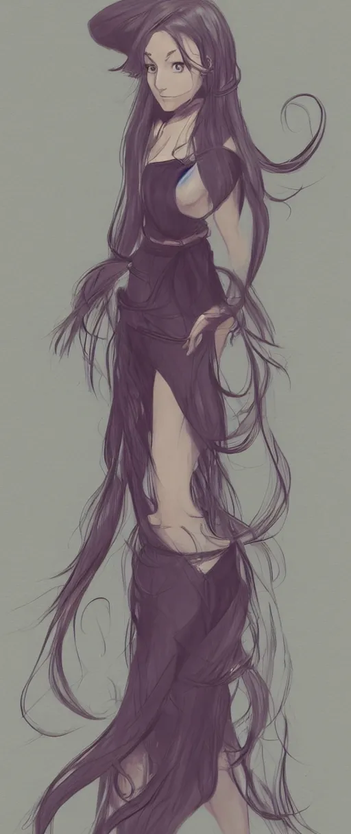 Image similar to a drawing of a woman with long hair, concept art by senior character artist, featured on pixiv, mingei, official art, concept art, full body