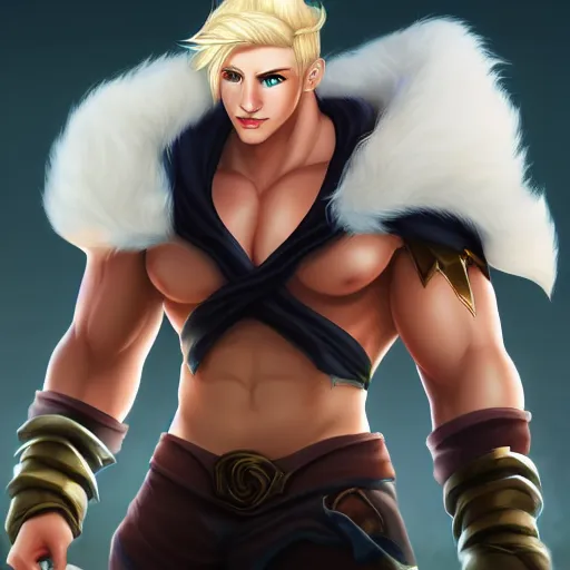 Image similar to the latest blond male beefcake from league of legends, extremely pale white skin and long fluffy blond curly hair, 4K, artstation