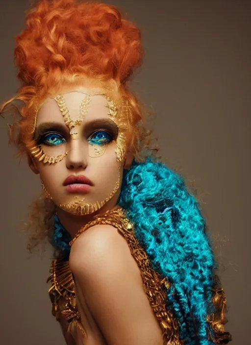 Prompt: bust portrait of girl sitting on bones throne, egiptian goddes costume, blonde, curly hair, clean face, provocative make up, symmetrical face, looking straight, smooth skin, jewelry,, ecstasy, cute, fashion editorial photography, from vogue magazine, ultra realistic, reflections, teal and orange