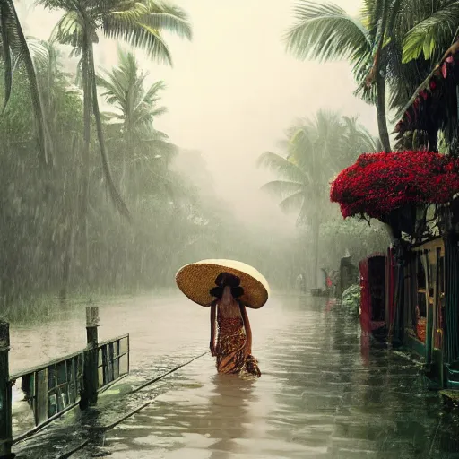 Image similar to monsoon on tropical island, oriental woman, ornate, beautiful, atmosphere, vibe, mist, coconuts, rain, wet, pristine, puddles, melting, dripping, snow, creek, lush, ice, bridge, forest, roses, flowers, by stanley artgerm lau, greg rutkowski, francis bacon