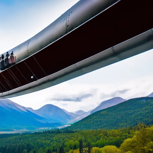 Image similar to the bridge of a military zeppelin's gondola, with a view to a mountain valley outside