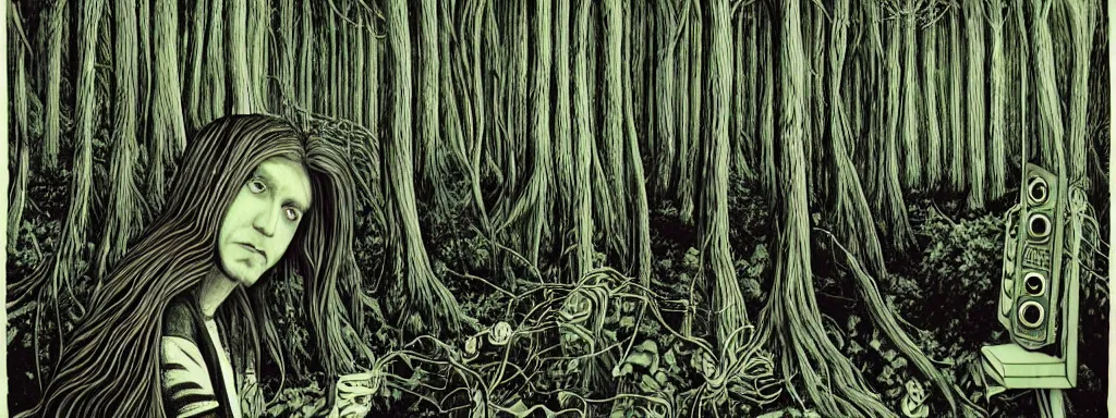 Image similar to a grunge technogaianist long-haired blonde digital musician playing modular synthesizer in the forest, technology and nature swirling in harmony, plugging vines into the synthesizer, trees swaying to the beat, postmodern surrealist concert poster, grainy, hand drawn matte painting by Tara McPherson and Gary Houston, smooth, sharp focus, extremely detailed, 50mm.