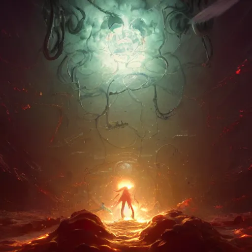 Image similar to yog - sothoth ripping souls into the infinite void, by makoto shinkai, greg rutkowski, artstation, high detailed, cgsociety,