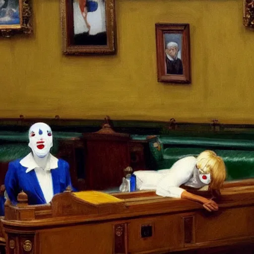 Image similar to a highly detailed fine art painting of british member of parliament in the house of commons wearing clown costumes. in the style of edward hopper, richard hamilton.