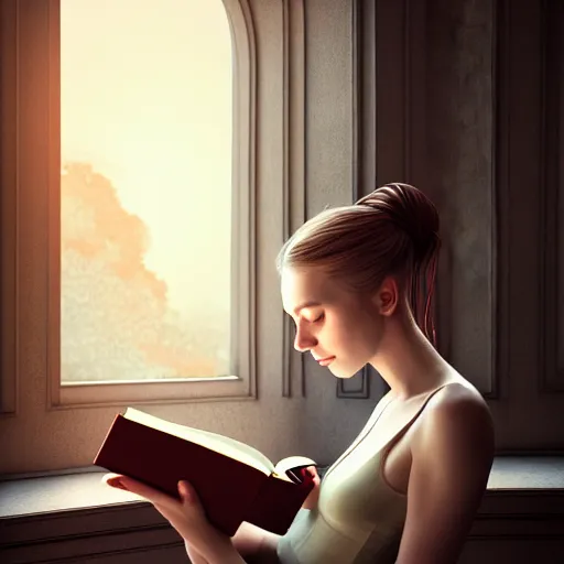 Image similar to portrait of an absurdly beautiful girl reading a book, graceful, sophisticated, hyperdetailed illustration by irakli nadar, maria borges, matt wisniewski style, intricate linework, unreal engine 5 highly rendered, global illumination, detailed and intricate environment