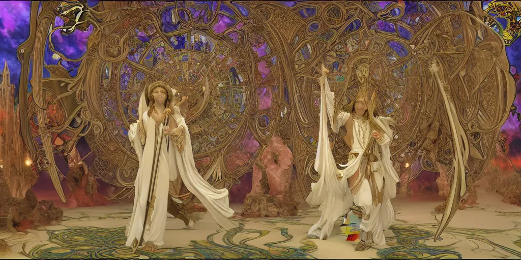 Prompt: 3 d rendered scene of the battle of angels and demons at the entrance to the fractal palace of cosmos painting of alphonse maria mucha made in unreal engine hyper realistic