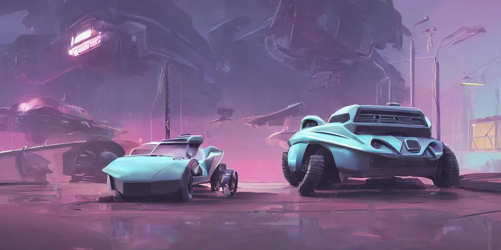 Image similar to Hard Surface Shape Form Exploration, Detailed, 8k, sci-fi, pastel colors, props, panel, concept, simon stalenhag ,syd mead, vehicle, speeder, parts,modular, insane detail, ash thorp, kyza, car, msucle cars , cyberpunk, collection, sports, exotic, legendary