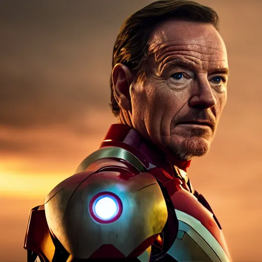 Prompt: bryan cranston wearing iron man armour, cinematic lighting, hd 4k photo