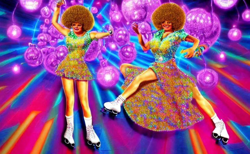 Image similar to Ultradetailed, hyperrealistic, a vintage roller skating disco queen wearing a disco ball skirt mirror tanktop with a disco ball afro in a psychedelic cosmic roller rink in the clouds, by Vladimir kush, by josib csoor, by Laurie Lipton, rendered in octane, volumetric lighting, retro color scheme, trending on artstation -20