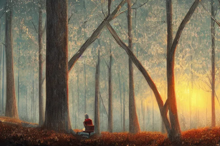 Prompt: ryan church jon mccoy concept art mood painting man sitting in tree winter watching beautiful december sunrise detailed forest