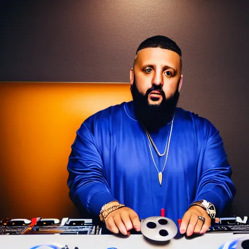 Image similar to ultra detailed portrait photo of dj khaled in a studio, blue, under red and yellow cinematic lighting