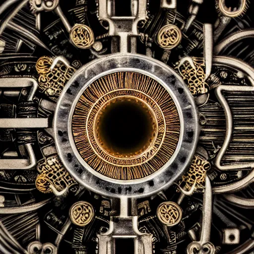 Image similar to a macro photo of a mechanical eye, close - up, large intricate iris with gears inside, intricate details, intricate gears and lenses, intricately detailed engravings, intricately detailed markings, intricate textures, warm lighting, vivid colors, realistic octane render, hyper realistic render, volumetric shading, depth of field, raytracing, 8 k,