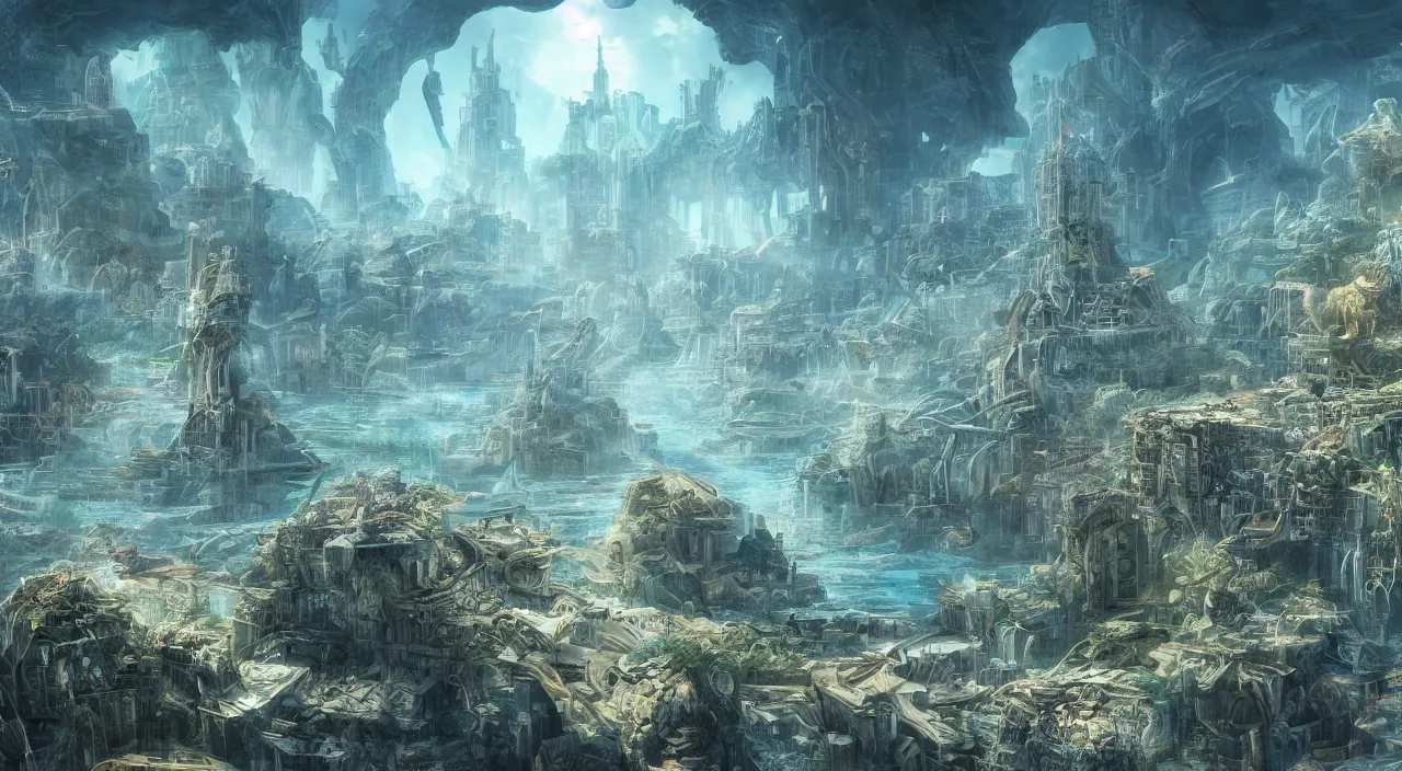 Image similar to the (((hidden))) city of atlantis, large scale, breathtaking, mixed media, digital art, trending on artstation, 8k, epic composition, highly detailed, AAA graphics