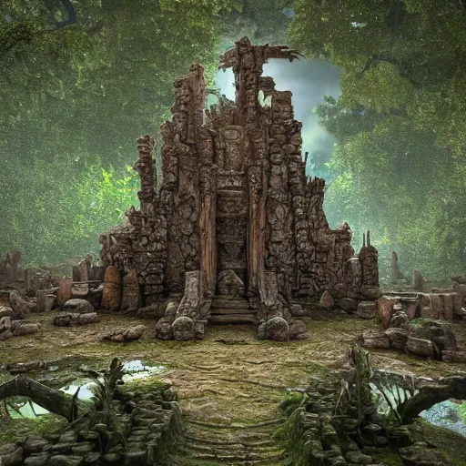 Image similar to an ancient collapsing temple to Shrek discovered deep in the swamps, 4k render, octane, ancient ogre imagery, tribal war god, dark amazonian temple, onion statue, gargoyle-like decorations in the style of Donkey. hyper-detailed, intricate, hallowed swampland