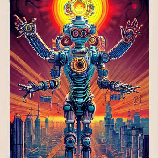 Image similar to detailed intricate color comic poster illustration of a Hindu god with a halo as an evil cyborg alien robot with lots of arms, cyberpunk, sistine chapel, davinci, religion, Hindu, vishnu, akira, dystopian, sci-fi, geof darrow, transmetropolitan, ronin