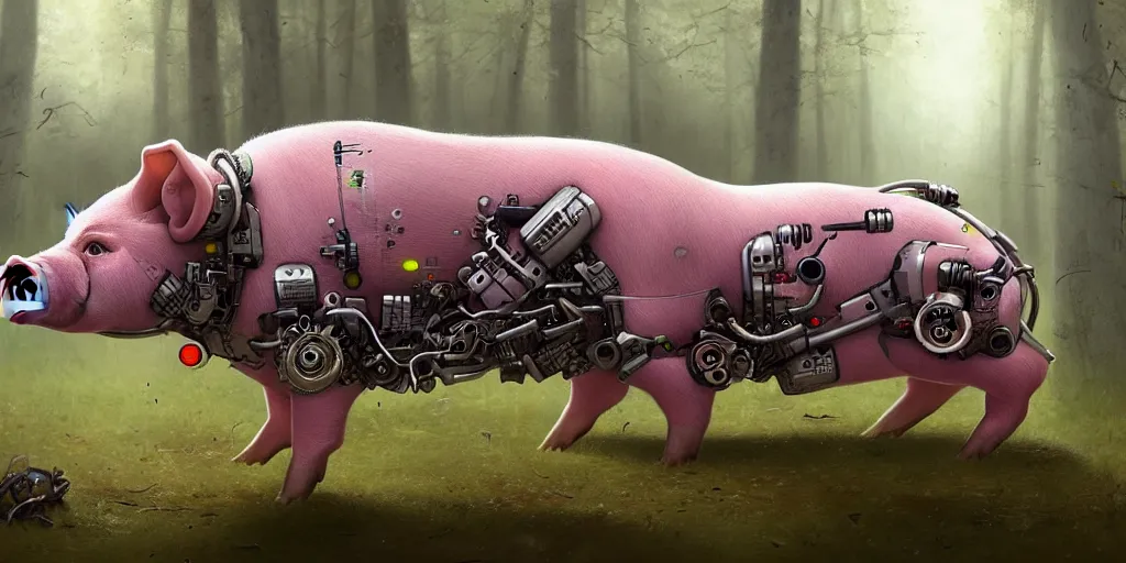 Prompt: portrait of a cyborg pig running in forest, cyberpunk, biomechanical, hyper detailed, trending on artstation