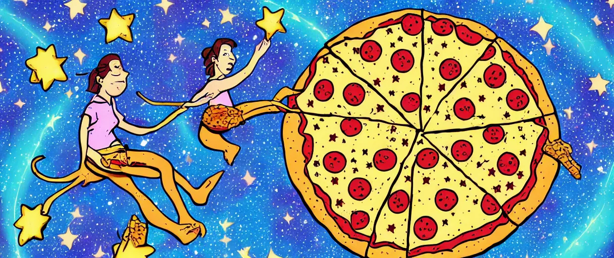 Image similar to a hore riding across the stars on a big pizza, comic style, colorful, 4 k, high details