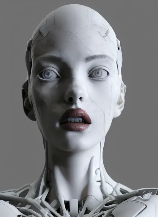 Image similar to a bloody statue made of white marble, of an gorgeous futuristic cybernetic angel girl, prostheses, transhumanism, full body shot, perfect symmetrical body, perfect symmetrical face, hyper realistic, hyper detailed, by quentin tarantino by johannen voss, by michelangelo, octane render, blender, 8 k