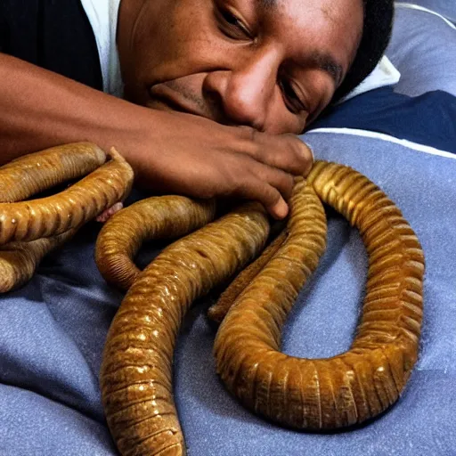 Image similar to john coltrane snuggling one giant mealworm in bed