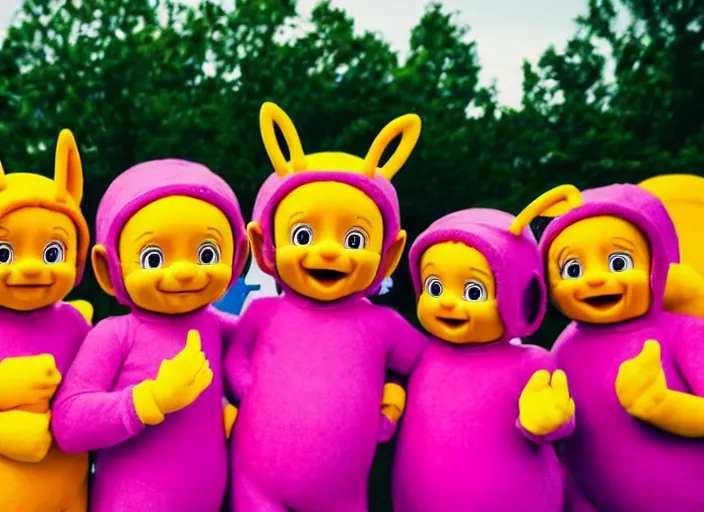 Image similar to photo still the teletubbies at the vans warped tour!!!!!!!! at age 3 6 years old 3 6 years of age!!!!!!!! dancing into the crowd, 8 k, 8 5 mm f 1. 8, studio lighting, rim light, right side key light