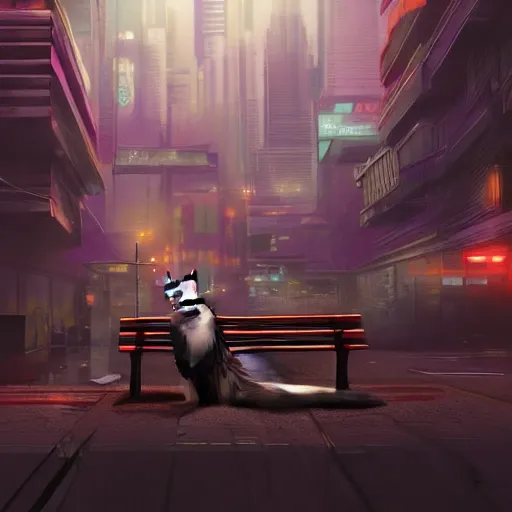 Prompt: long shot of cat sitting on a bench in a cyberpunk city, highly detailed, digital painting, artstation, concept art, sharp focus, illustration, octane render, award winning