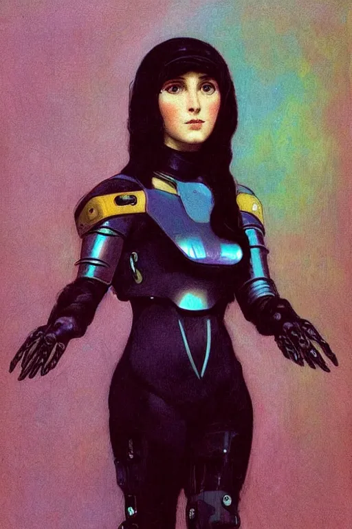 Image similar to portrait of raven, perfect future, iridescent color palette, art by bouguereau, 1 9 7 0 s retro future robot android. muted colors