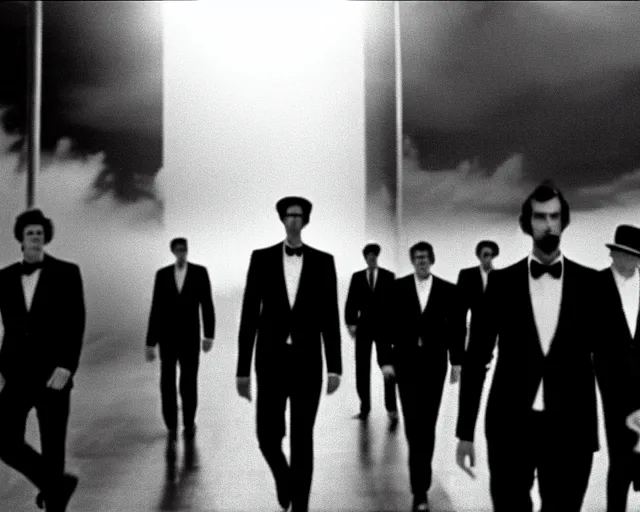 Image similar to 1 3 mm film, liminal, unsettling, group of tall men in suits, thunderstorm