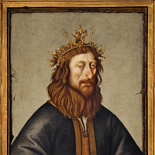 Prompt: a renaissance style portrait of a wild lion wearing a crown and a cape, dark background