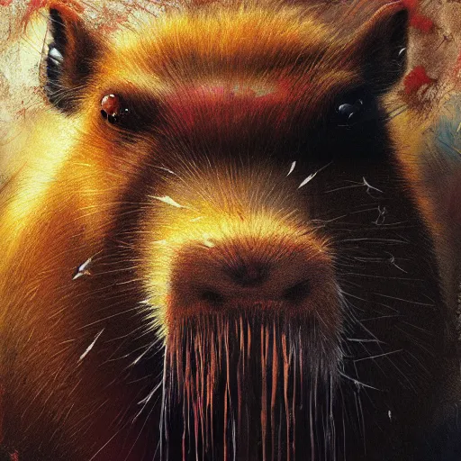 Image similar to a giant capybara zombie, expressive oil painting, horror, digital art, by yoshitaka amano, 4 k