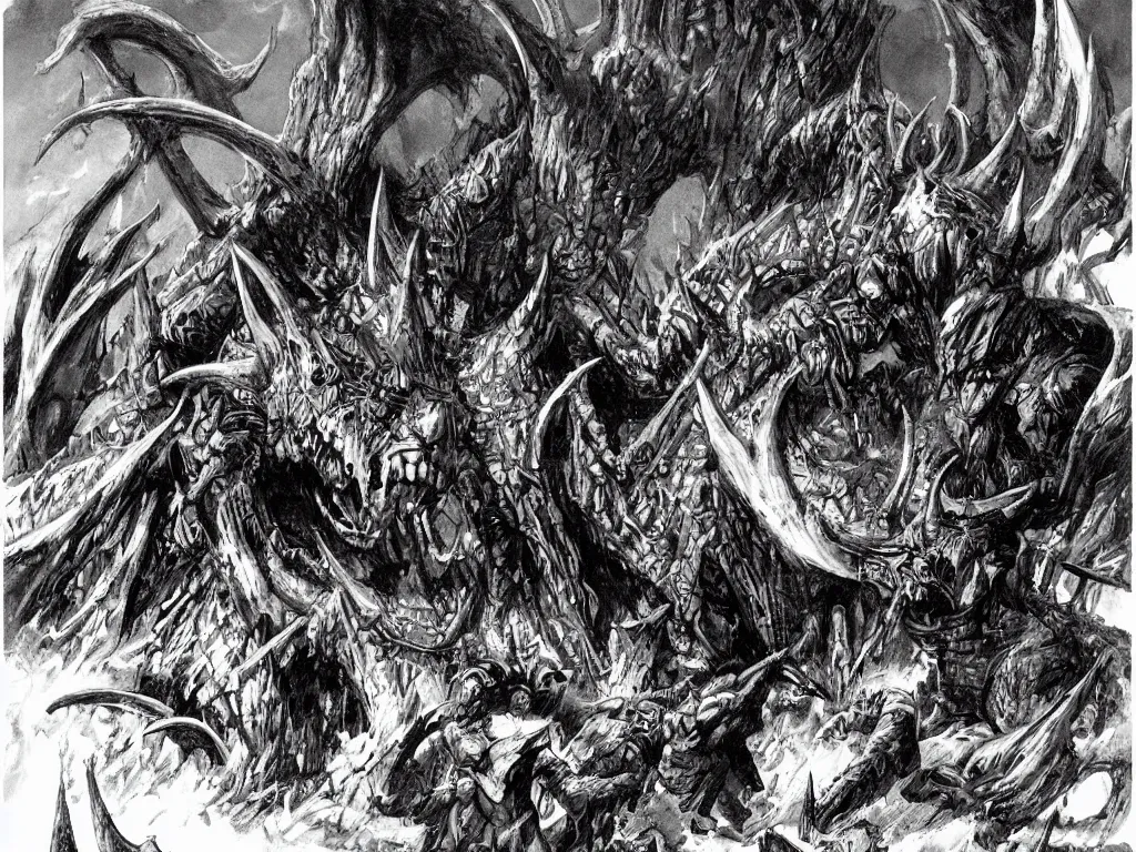 Prompt: concept art illustration of a mastodonic brutalist demon with 5 horns destroying a medieval village, cinematic lightning, art by bernie wrightson