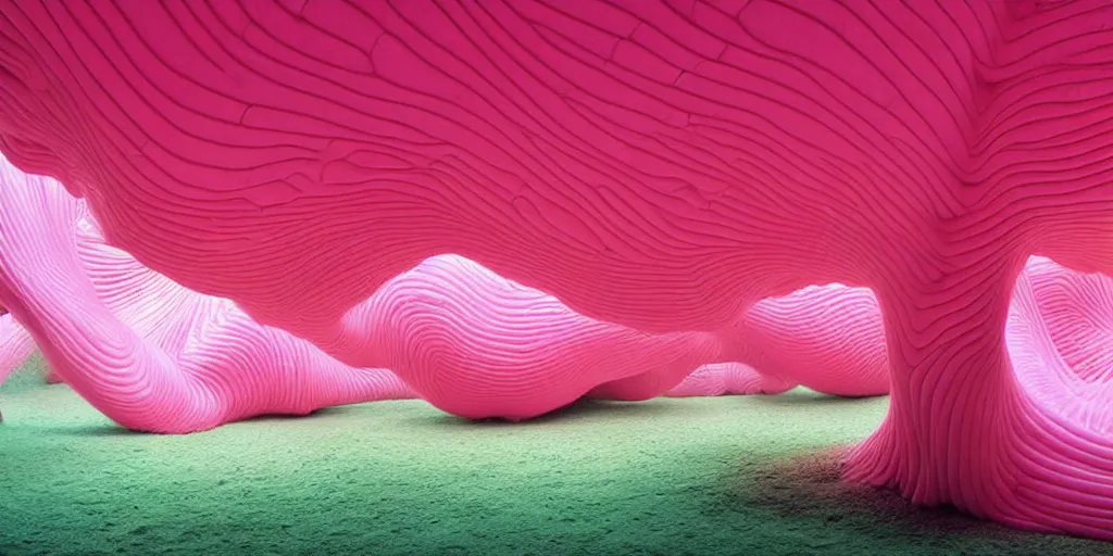 Image similar to biomorphic inflated structures by ernesto neto, light - mint with light - pink color, 4 k, insanely quality, highly detailed, film still from the movie directed by denis villeneuve with art direction by zdzisław beksinski, telephoto lens, shallow depth of field