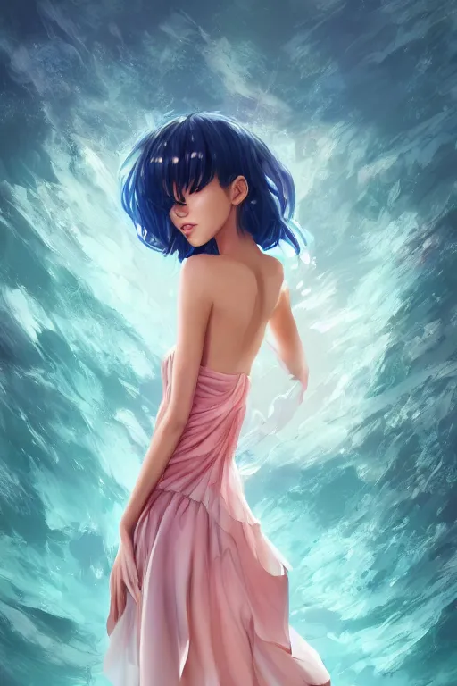 Image similar to a beautiful fashion goddness of love, chic strapless dress, tropical sea background, character design, in the style of artgerm, and wlop, cinematic lighting, hyperdetailed, 8 k realistic, symmetrical, global illumination, radiant light, frostbite 3 engine, cryengine, dof, trending on artstation, digital art