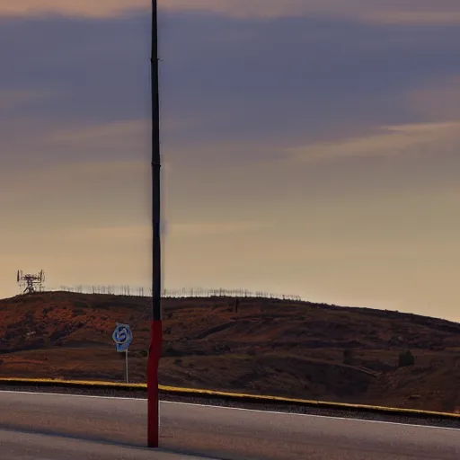 Image similar to a road next to warehouses, and a hill background with a radio tower on top, 3 0 0 mm telephoto lens