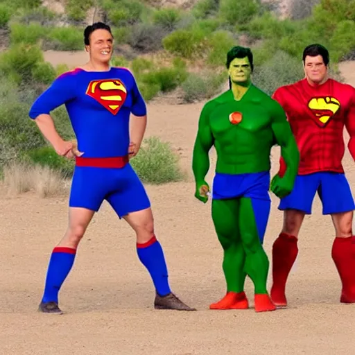 Prompt: supermen and hulk playing soccer together at desert