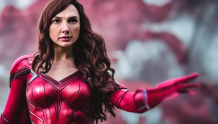 Prompt: high quality photo of a cosplaying Gal Gadot as Scarlet Witch , photography 4k, f1.8 anamorphic, bokeh, 4k,