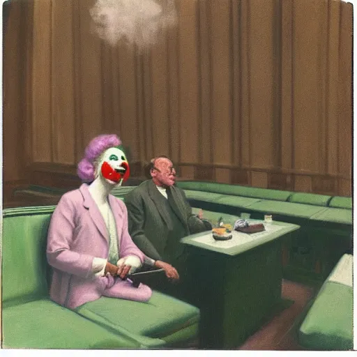 Image similar to a polaroid of a highly detailed beautiful portrait close up hyper realistic photograph of british members of parliament in the house of commons wearing pastel coloured clown costumes, they are smoking cannabis. without visible brushstrokes but in the style of edward hopper, richard hamilton. concept art. green leather benches. photographic. concept. crisp. no artefacts. desaturated. high fidelity facial portrait. 8 k