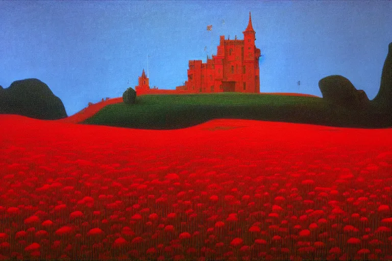 Image similar to only with red, red flowers of different types, a castle in the background, red giants rest over the flowers, in the style of beksinski, part by hopper, part by rodcenko, part by hofbauer, intricate composition, red by caravaggio, insanely quality, highly detailed, masterpiece, red light, artstation, 8 k